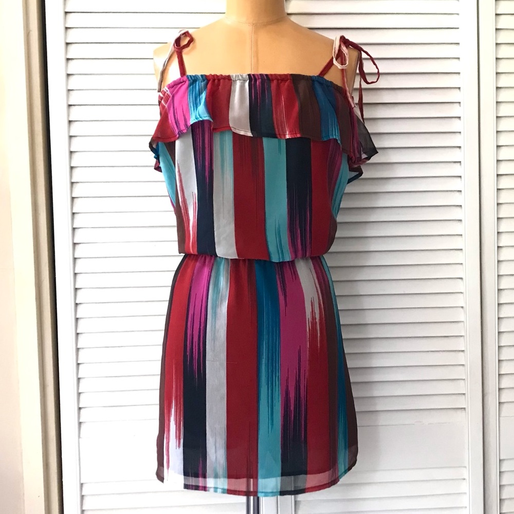 Roxy Ladies Dress Medium Striped Ruffle Chiffon Casual Party Pink Blue Burgundy